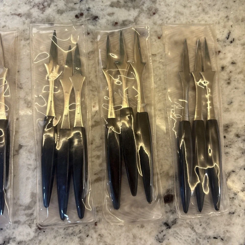 15‎ NOS Vtg MCM Hors d'oeuvres Stainless Black Handled Olive Picks Forks Japan